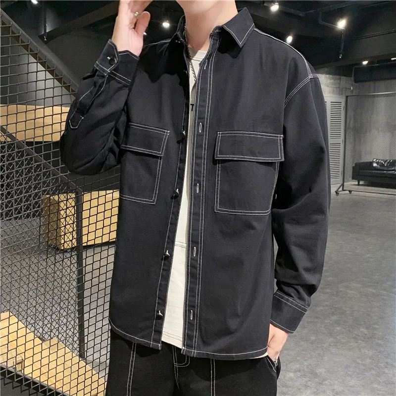 Men's Jeans Shirts Cotton Loose White Solid Long Sleeve Korean Casual Cardigan  Button Up Y2K  Blazer Trendy Blouse Denim Jacket jeans for men trendy patches men s loose wide leg pants mop pants sewing needle elastic jeans