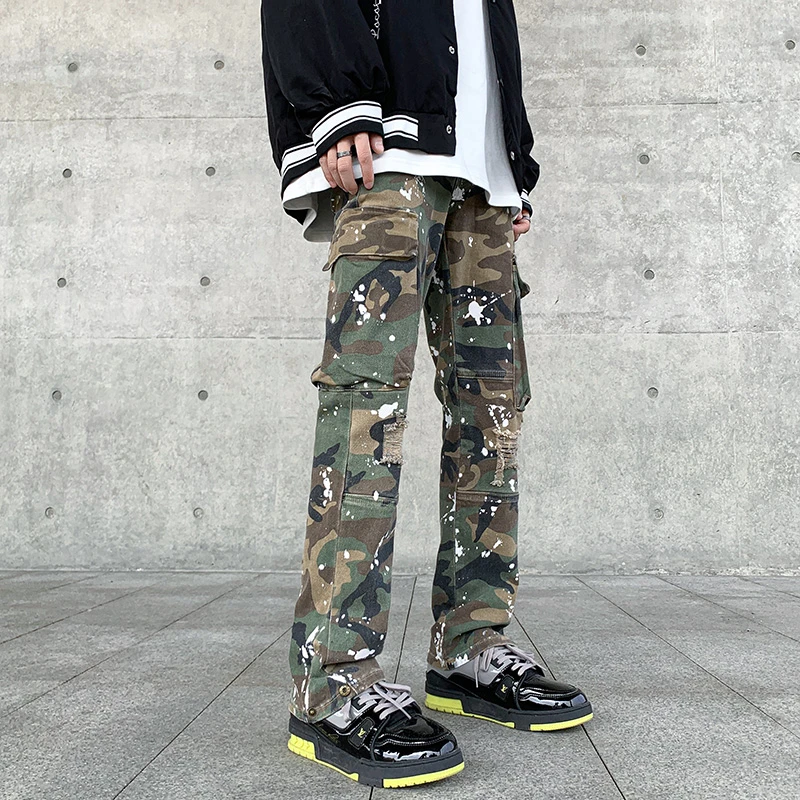 

Military Design Camoflage Pants Men Damaged Hand-painted Side Pockets Trousers Male's Baggy Jeans Y2K