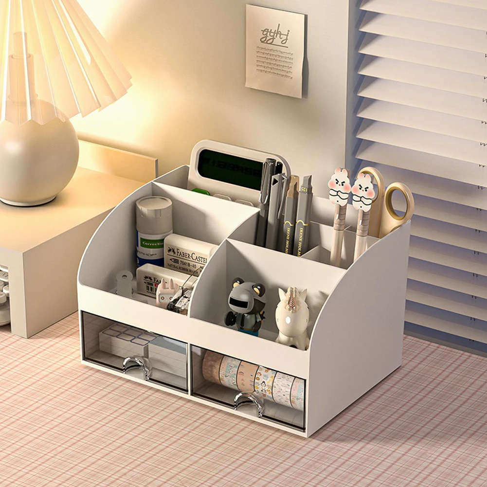 Home Office Desktop Stationery Storage Box 6 Compartments 2 Drawers Decorative Desk Organizer Dressing Table Makeup Storage Case