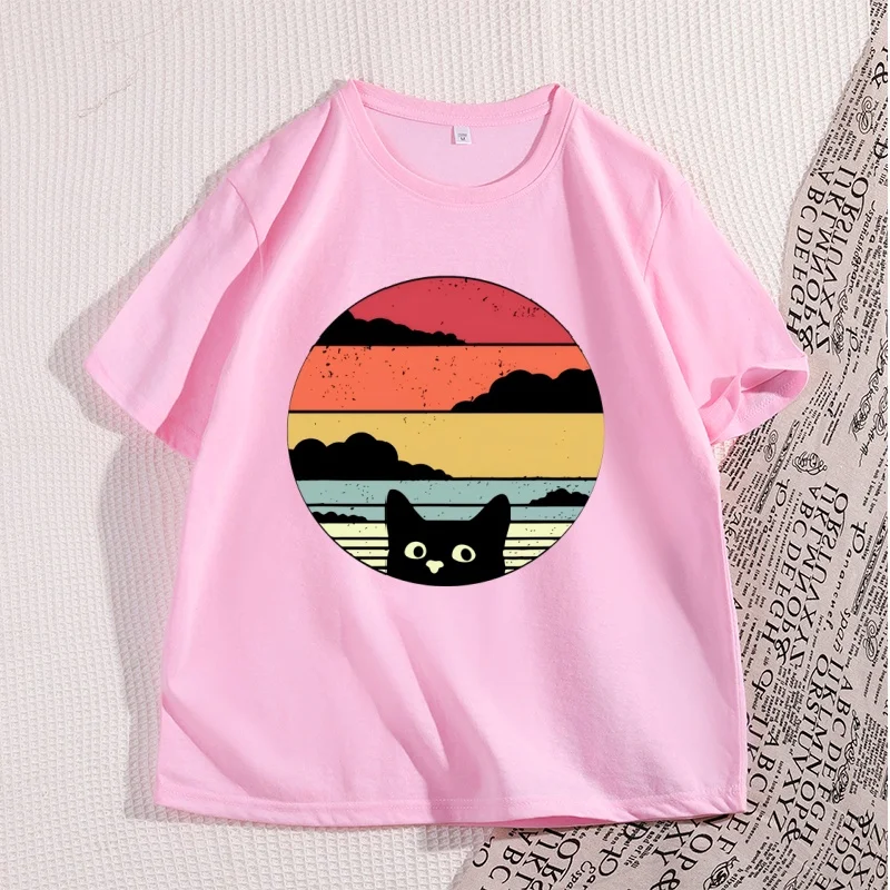 Vintage Black Cat Sunset Graphic Unisex T-Shirt - Cool Streetwear, Casual High-Quality Cotton Y2K Tee