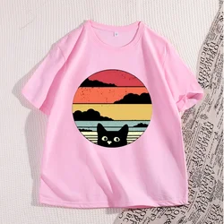 Vintage Black Cat Sunset Graphic Unisex T - Shirt - Cool Streetwear, Casual High - Quality Cotton Y2K Tee - XXXL (Pink)
