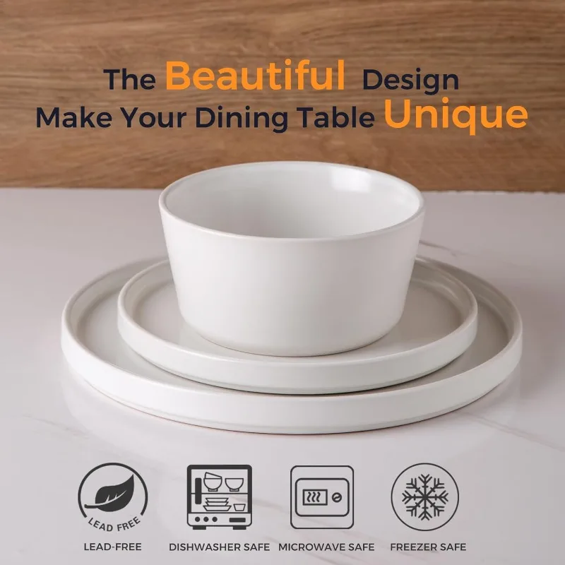 Ceramic Dinnerware Sets of 4, Modern Flat Stoneware Plates and Bowls Sets