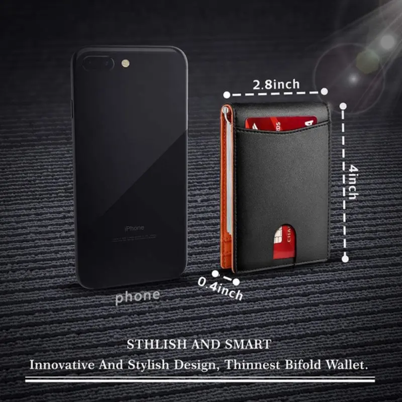 Men's Simple Slim Wallet With Money Clip RFID Blocking Front Pocket Leather Anti-theft Brush Dollar Clip Card Sleeve Plus Hole