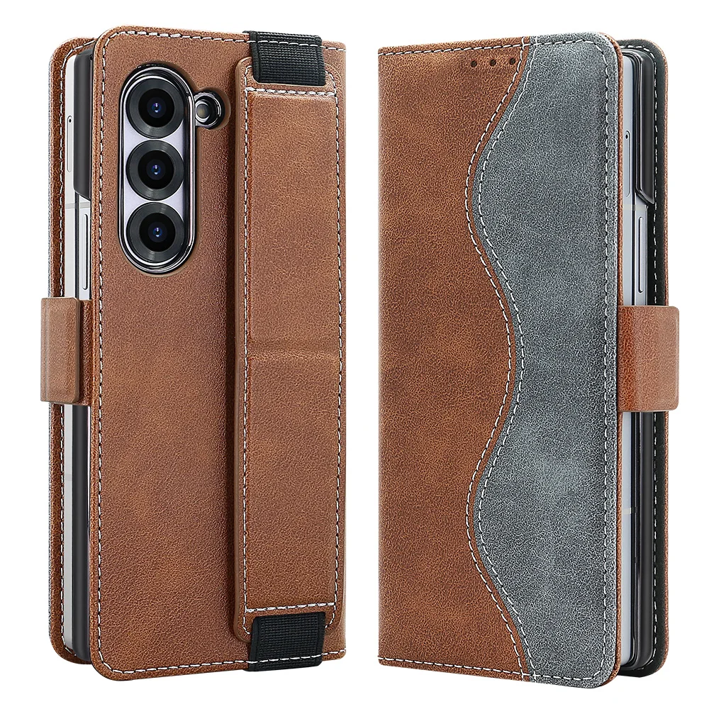 Luxury Business RFID Leather Wallet Case with Electroplated Shell and Wristband Stand Flip Cover