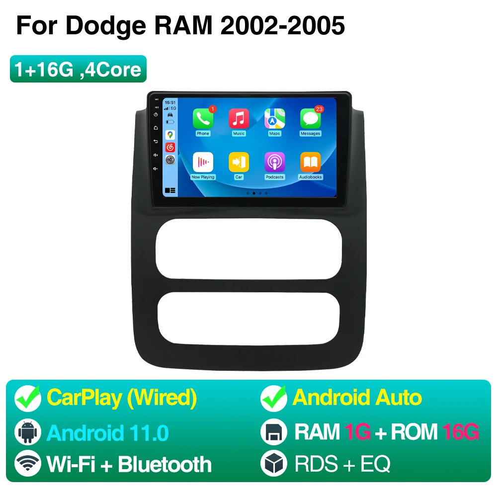 Dodge Ram Radio 4 64GB 8-Core Car Radio Stereo For Dodge RAM 1500 2500 3500 2002 2003 2004 2005 Upgrade Head Unit, 9" QLED Touch Screen Android 13 GPS Navigation With Car-Play Android