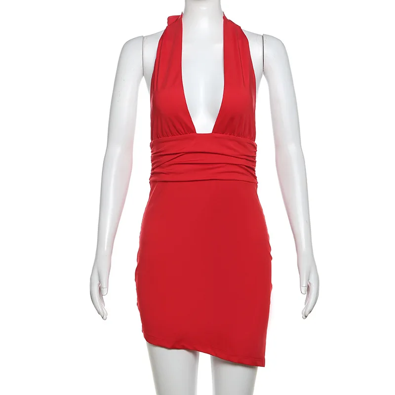 V-Neck Slim Hot Backless Mini Dress Female Bandage Solid Summer Halter Patchwork Elegant Party Dress Clothes Women Dress