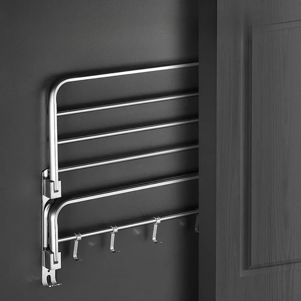 No-hole Thickened Stainless Steel Towel Rack Toilet Bathroom Accessories Double Folding Shelf Wall-mounted Shower Towel Rack