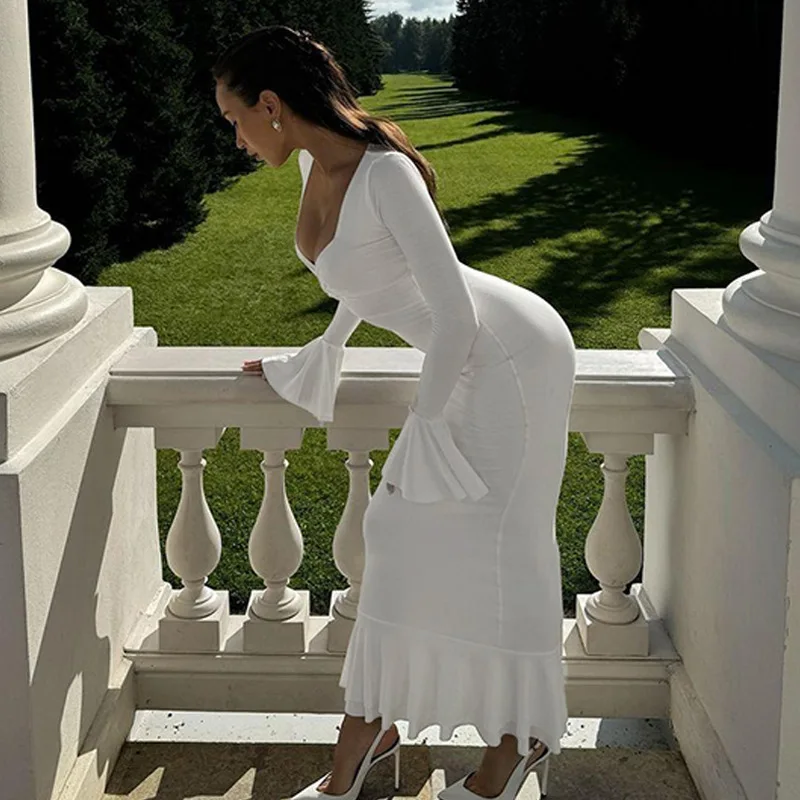 Vestido largo de otoño con volantes para mujer, elegante vestido de fiesta de retazos con cintura alta y manga larga para desplazamientos diarios, ropa femenina