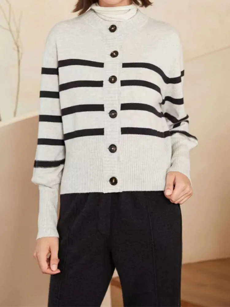 

Early Spring Classic Stripes Cardigan Women 2024 New O-neck Single Breasted Casual Cashmere Sweater