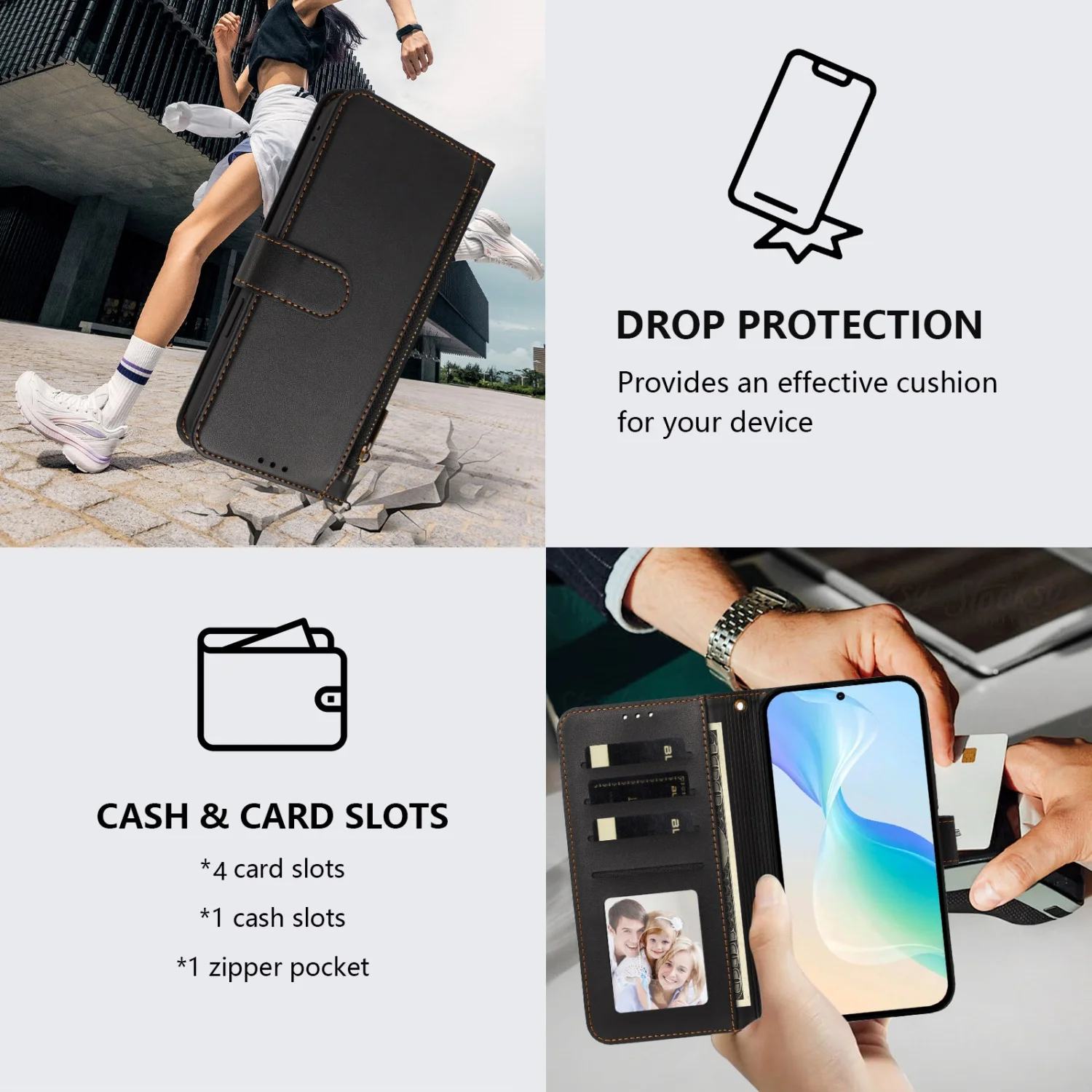 Premium PU Leather Flip Case with Zipper Wallet Cover