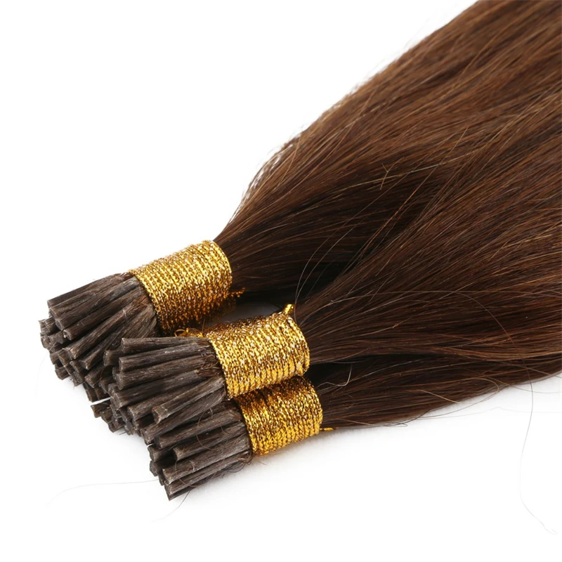 HOT 50/100strands I Tip Microlink Hair Extensions Straight Human Hair Fusion Keratin Micro Ring Stick Pre-Bond brown