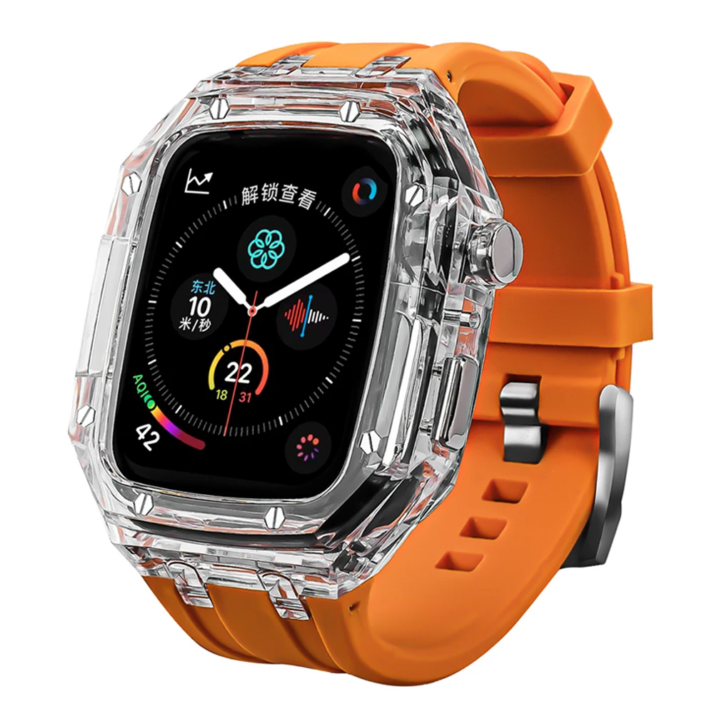 Mod Kit Case+Strap for Apple Watch band 40mm 44mm 45mm 41mm 45 Luxury Rubber Crystal Cover Bracelet iWatch Series 4 5 6 7 8 SE