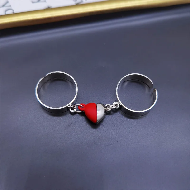 2Pcs Heart Magnet Couple Rings Punk Cuban Chain Charm Paired Rings For Lp Lovers Friend Adjustable Jewelry Party Gift Trend New