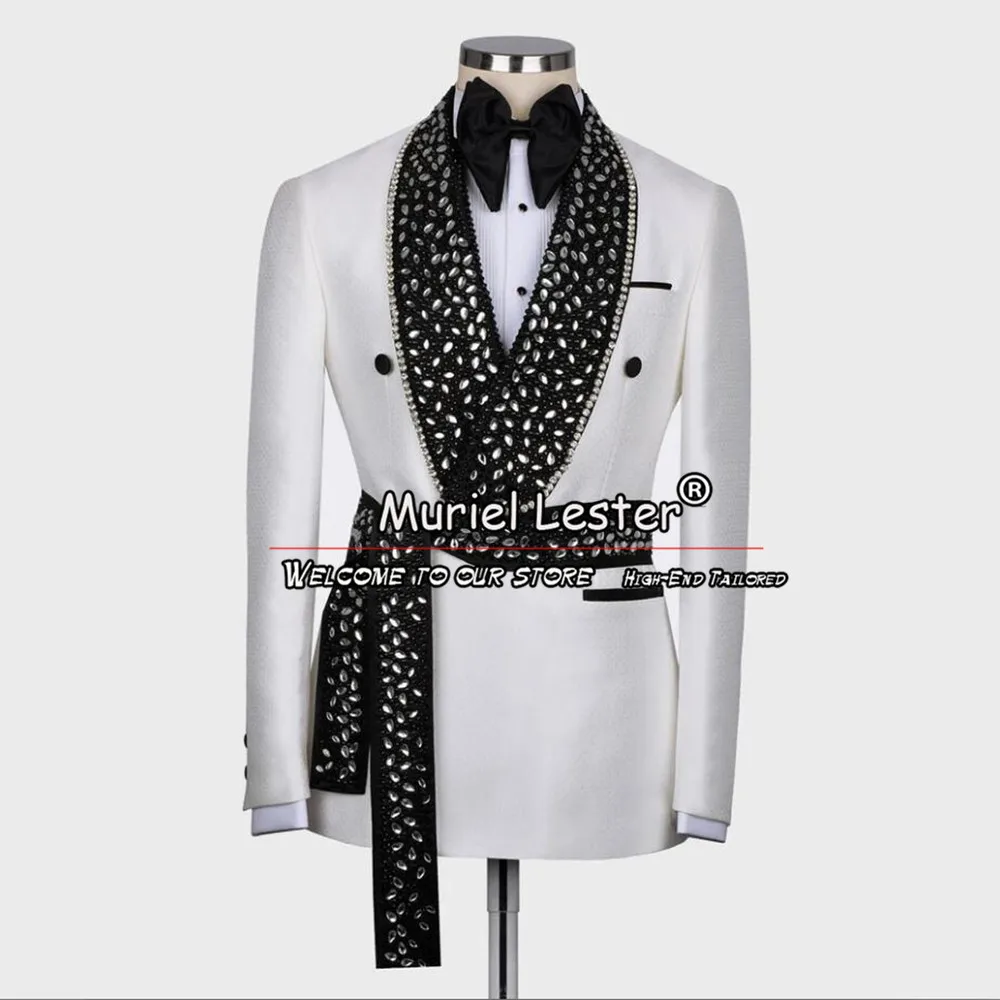 

Luxurious Groom Wedding Suits For Men Beading Black Lapel Jacket Pants 2 Pieces Men's Party Banquet Prom Tuxedo Costume Homme