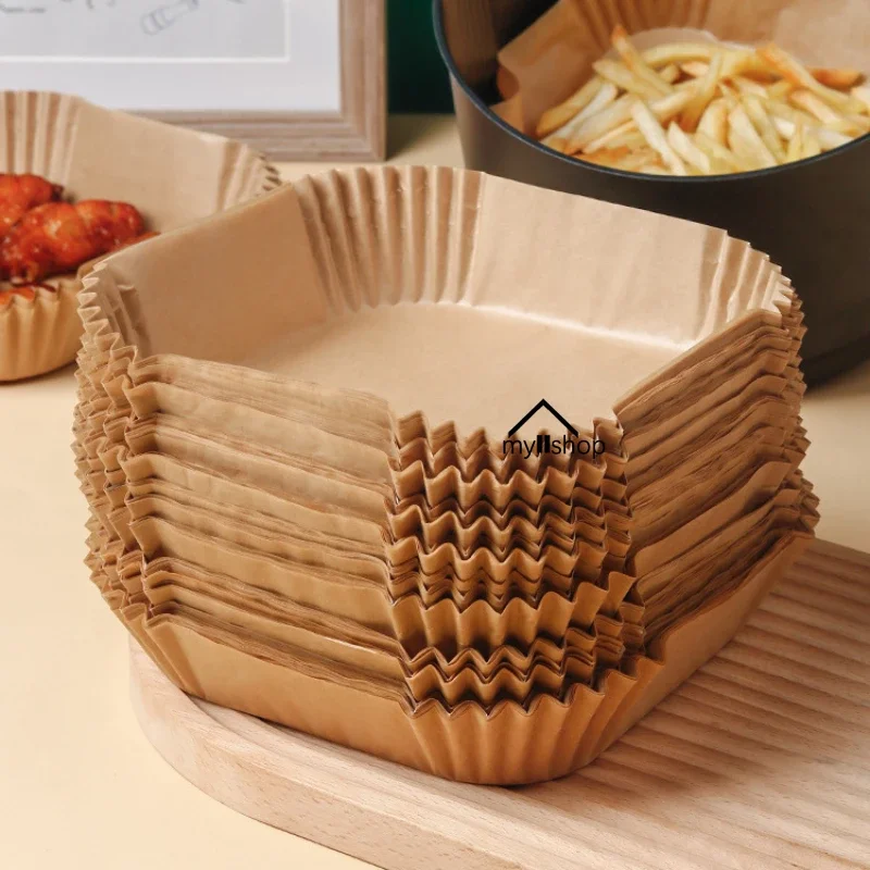 50pcs Air Fryer Disposable Paper Liner Oven Pad Vegetable Air Fryer Dessert Plates Holders Baking Accessories Kitchen Tools