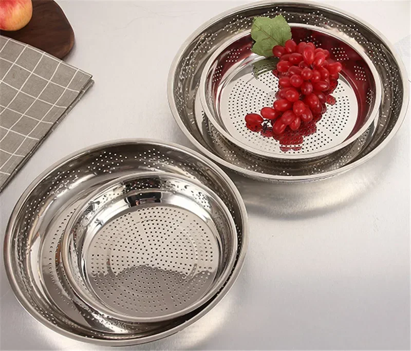 Thickened Stainless Steel Leak Colander Plate Round Hole Tray Deep Pallet Steamer Rice Bean Disc Drainage Plate Set