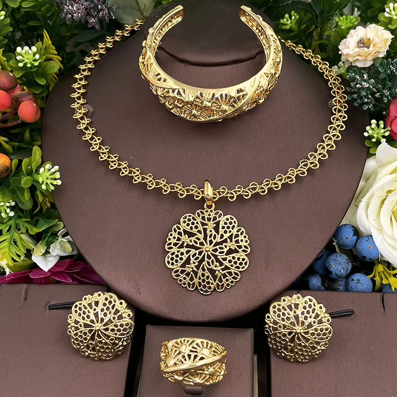 

Brazilian Gold Plated Jewelry Set Flower Shape Necklace Earrings Bracelet Ring 4Pcs Set For Party Bridal Item With Free Shipping