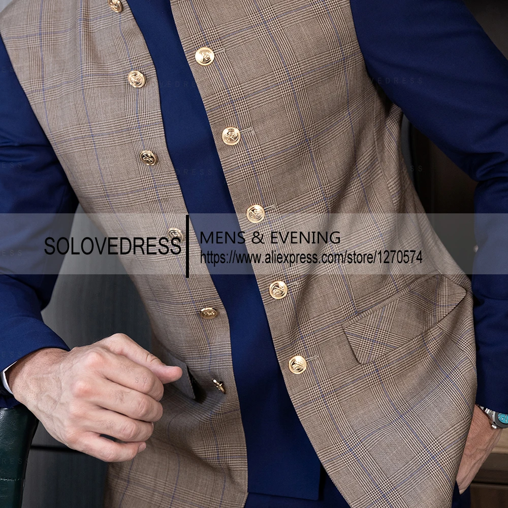 2 Pieces Splicing Plaid Can Be Two Types of Buttons Slim Fit Business Men's Suits With 2 Pockets（Blazer+Pants ）