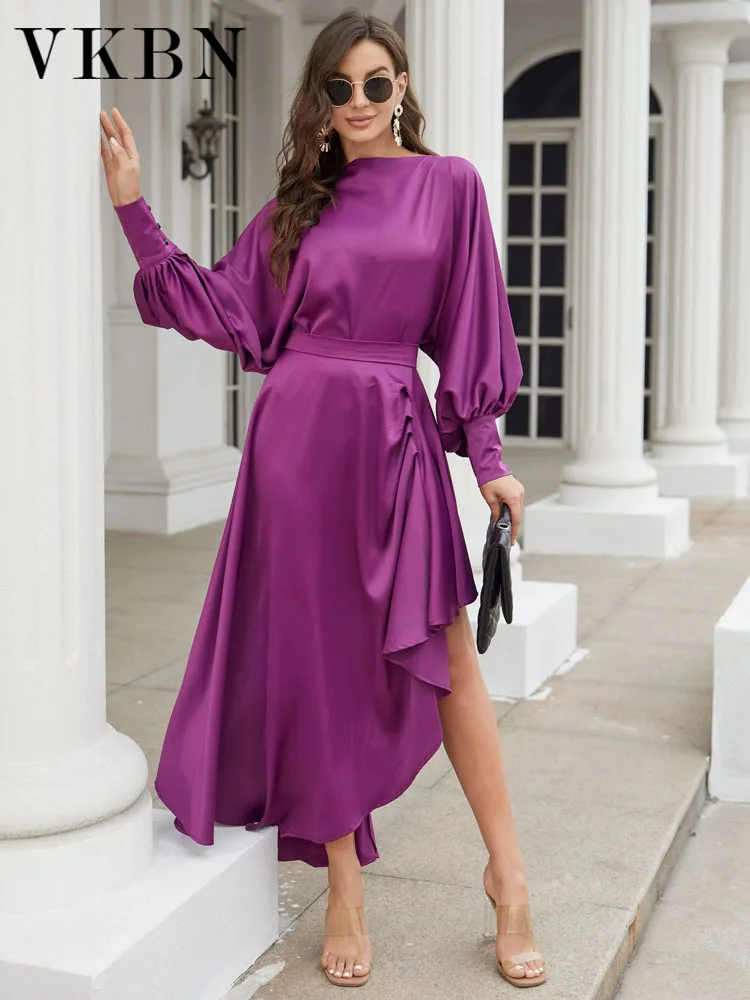 VKBN Irregular Top 2 Piece Set Women Purple Green Slash Neck Lantern Full Sleeve Elastic Waist Ruffle Skirt Set Fashion 2023