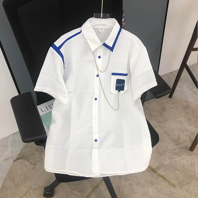 

DAYIFUN Oversized Blouses Women Summer Short Sleeve Blusas with Chain Japanese Preppy Style Casual Shirts Couple Tops Streetwear