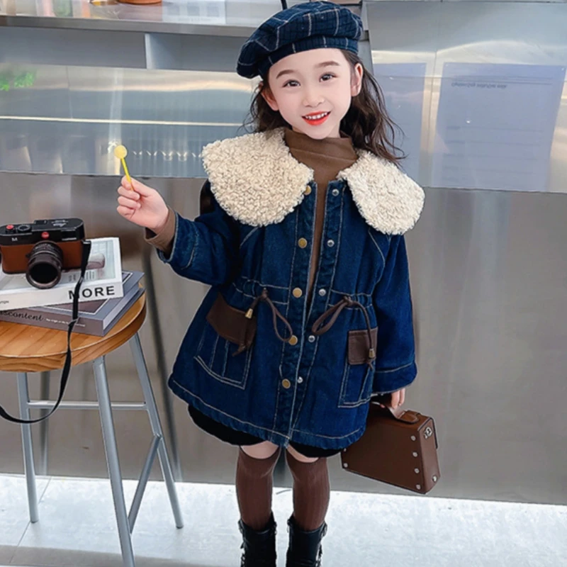 

Girls Coat Jacket Winter Cotton Windbreak 2023 Furs Jean Warm Plus Thicken Velvet Teenagers Sport Gift Children's Clothing