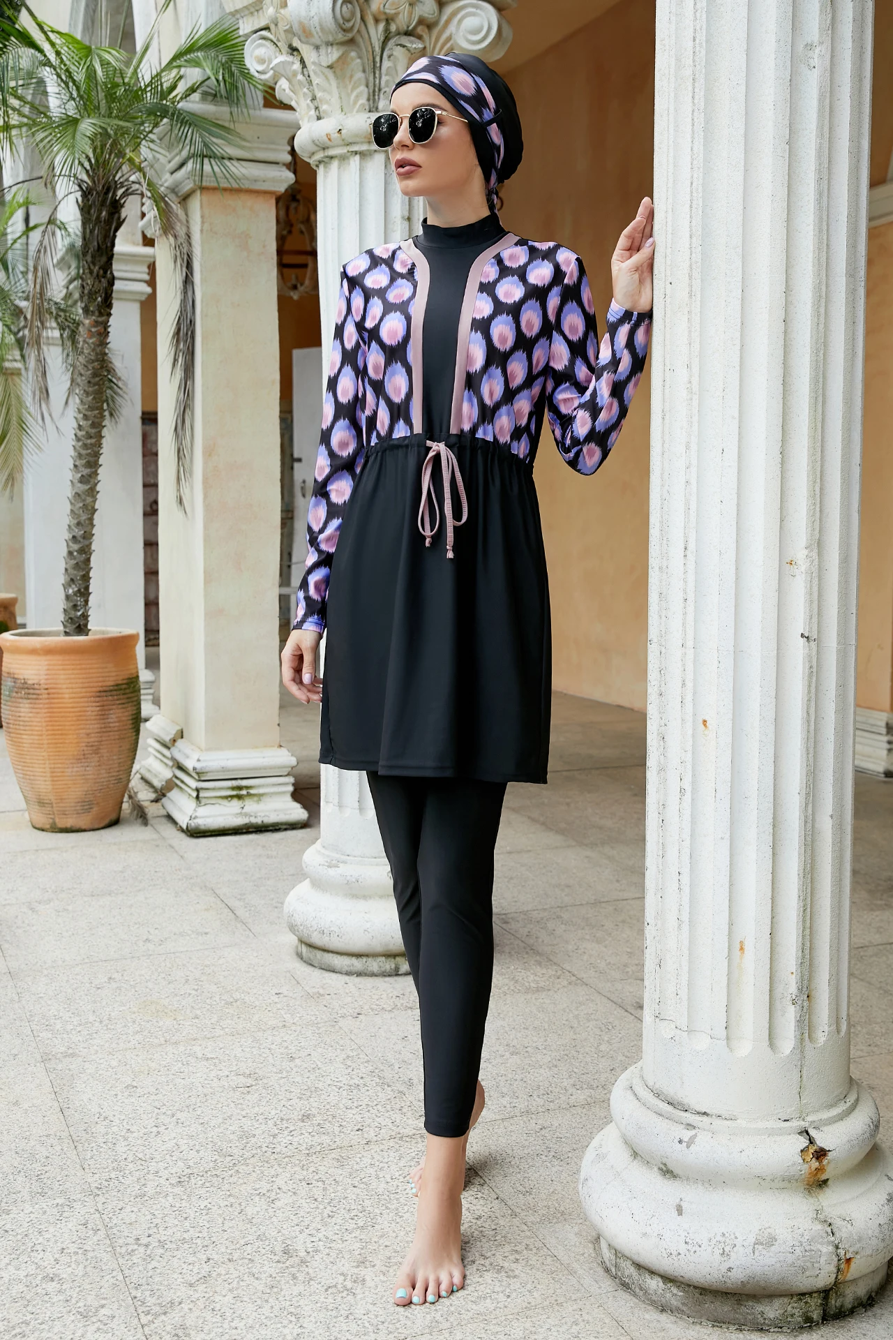 Elegant modest swimwear with coordinated scarf and leggings