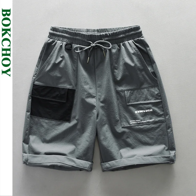 Loose Cargo Casual Patchwork Shorts para homens, calças de cordão retas, bolsos grandes, roupas novas, verão, AZ840-1, 2024