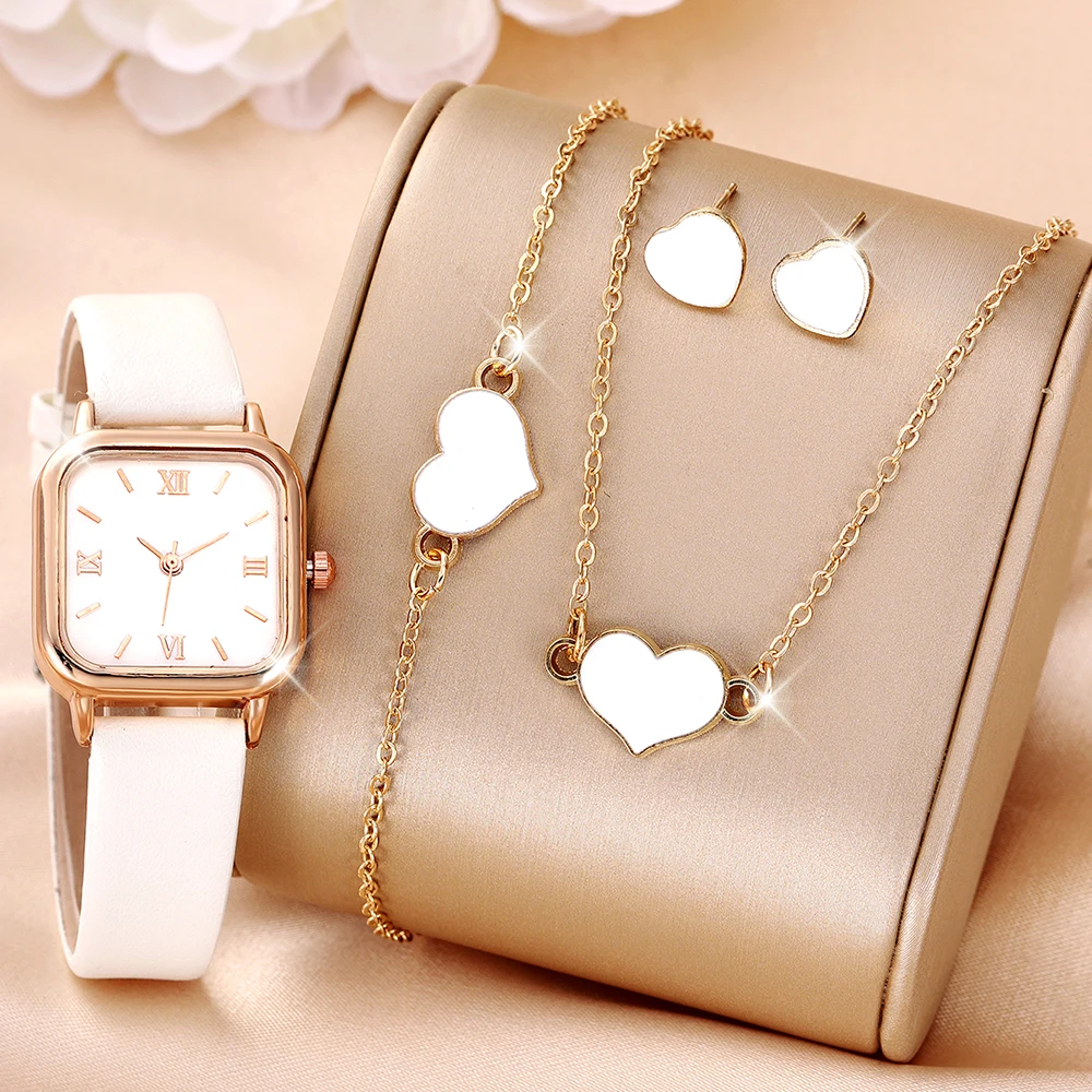 Ladies Watch 5pcs/Set Women White PU Strap Casual Quartz Watch And Heart Necklace Earings Bracelet Jewelry Set Watch For Women(N 2