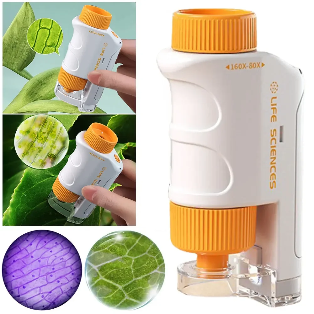 子供用ポケット付きミニポータブル顕微鏡キット,調整可能な実験用顕微鏡,ズームホイール,教育用,LED, 60〜120x