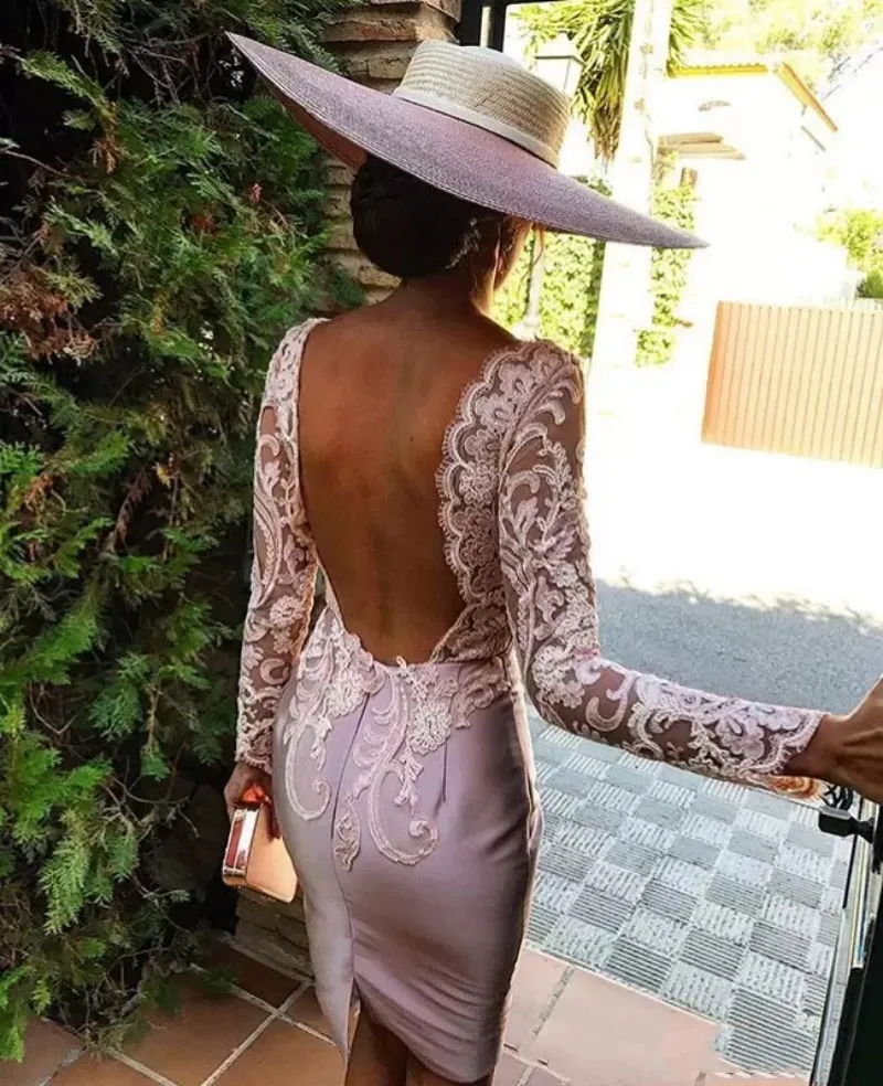 Sexy Long sleeve Cocktail Prom Dresses Deep V-Neck Lace And satin Party Dresses Backless Elegant special Occasion Customized