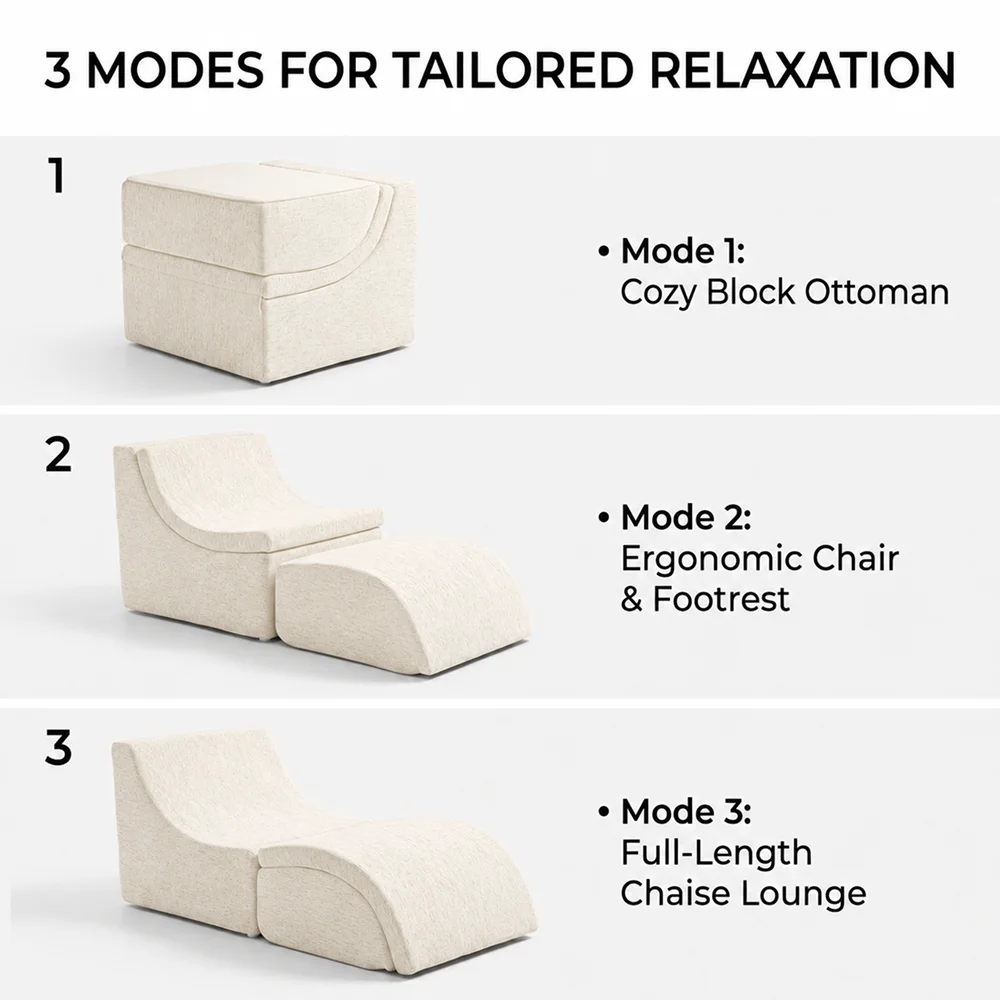 Multi Mode Foldable Ergonomic Recliner Chaise Lounge Sofa, Dense Foam Support Convertible Ottoman Footrest for Indoor Relaxation