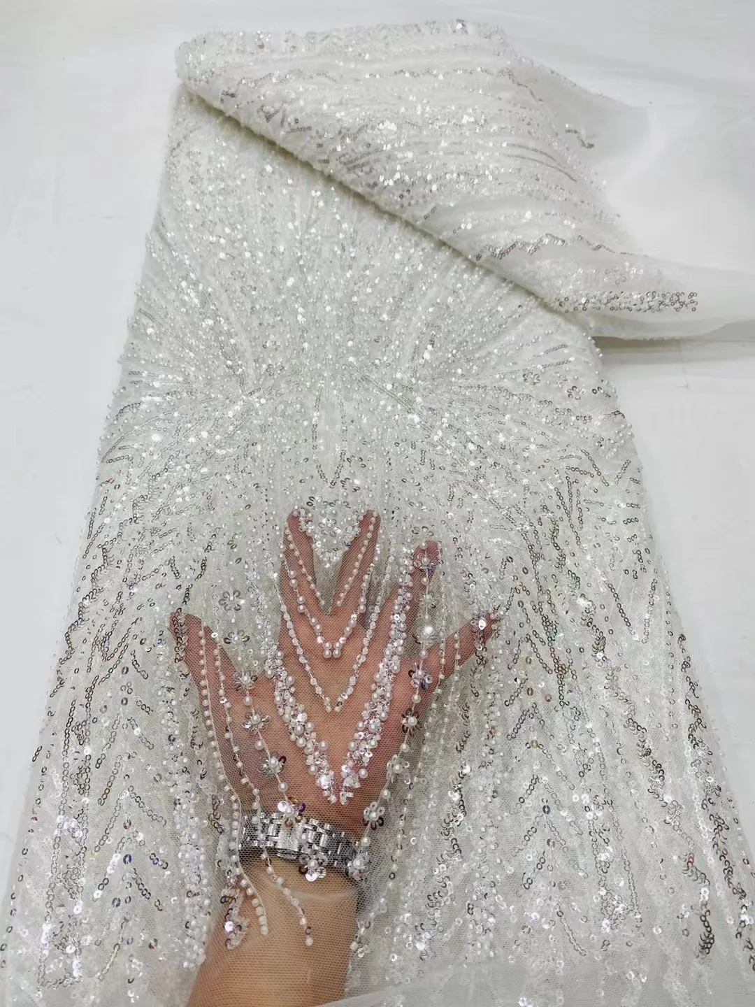 African Lace Fabric High Quality Hamdmade Beads Bridal Lace Fabric Luxury Sequin Beaded Embroidery for Wedding VD5933
