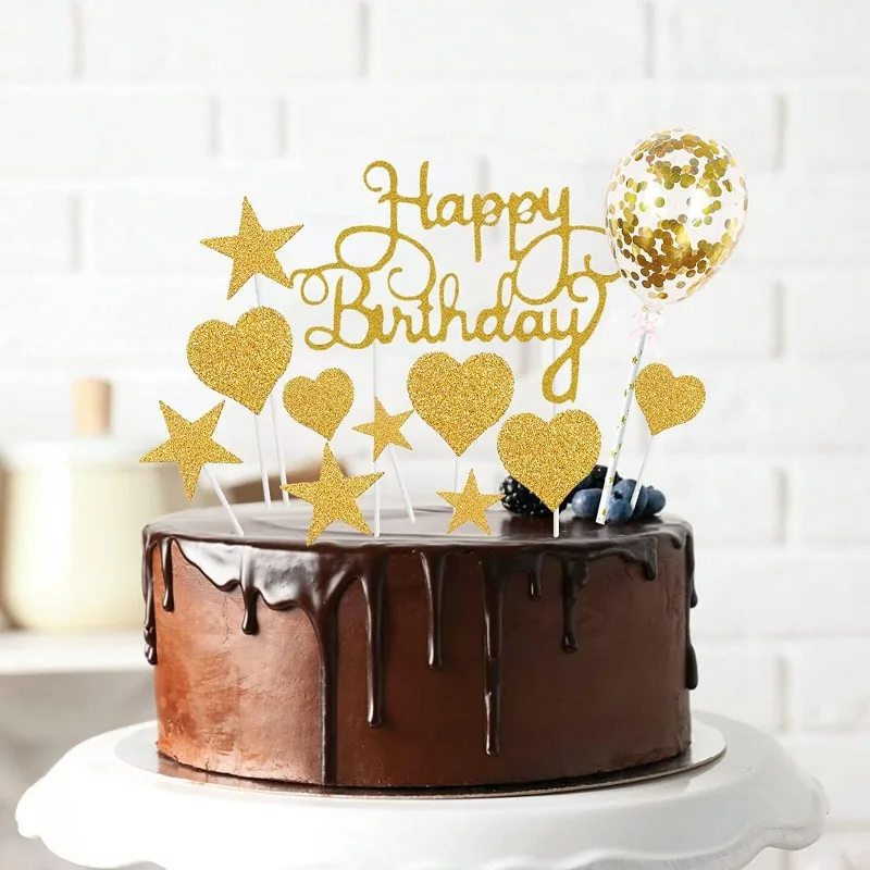 Confetti Balloon Cake Decor Happy Birthday Toppers with Star Heart Flags, DIY Cupcake Baking Party Decoration Kit (20pcs)