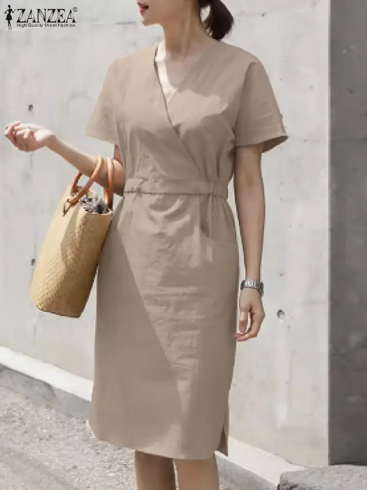 

Fashion Summer V Neck Short Sleeve Sundress 2023 ZANZEA Women Elegant Work OL Knee-length Dress Solid Party Robe Femme Vestido