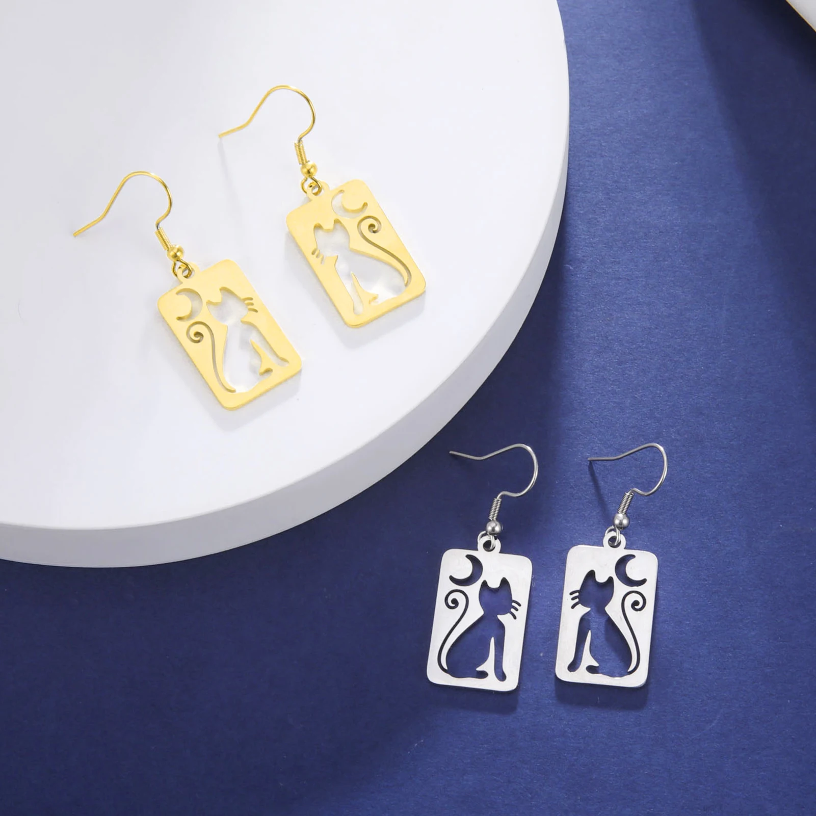 Moon Cat Rectangle Drop Earrings for Women Stainless Steel Jewelry - PeticaDeals