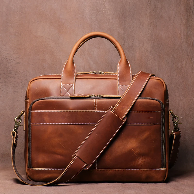 

Men's Genuine Leather Briefcases Man Vintage Messenger Bag 15.6 Inches Laptop Handbag Business Office A4 Document Bag