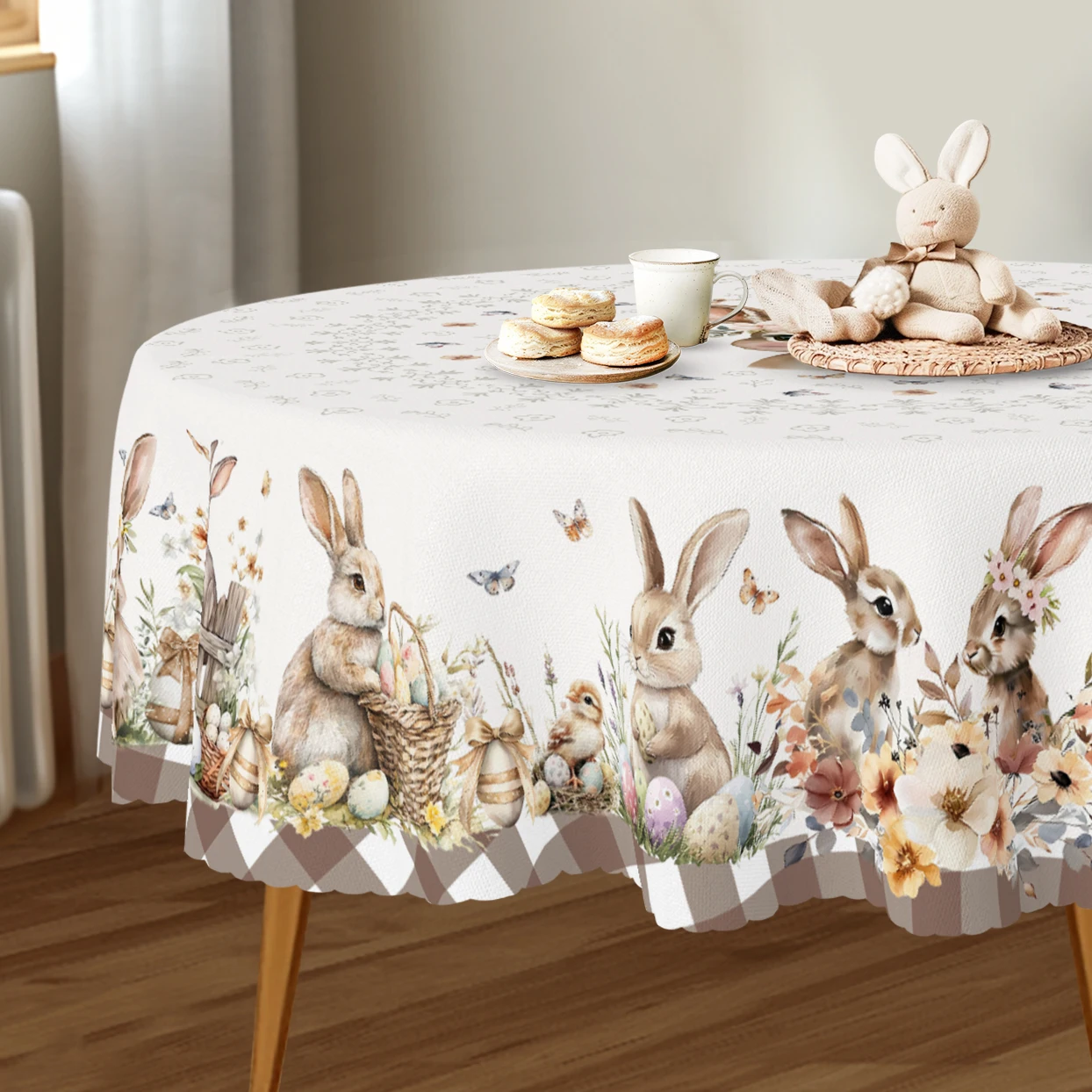 Cute Easter Themed Grey Rabbit Tablecloth - 1pc Spring Floral Print with Embossed Edge, Spring Outdoor Garden 4