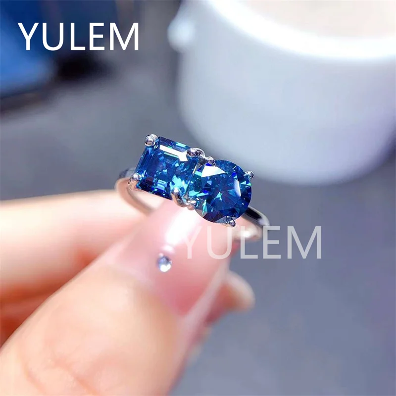 

YULEM 2022 New Design for Women Bule Asscher Square Blue Moissanite and Round or Pear 925 Sterling Silver Blue Moissanite Ring