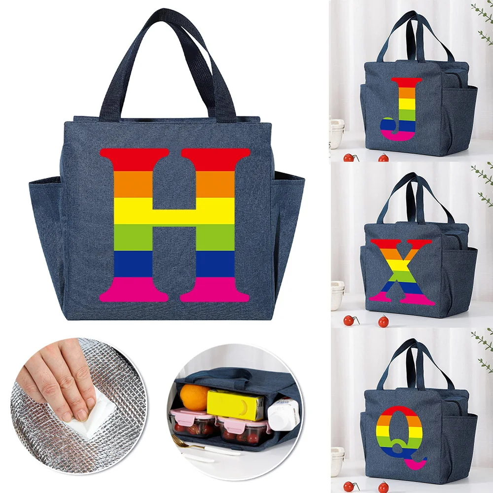 Insulated Cooler Bag Large Capacity Zipper Thermal Lunch Bags for Women Lunch Box Picnic Food Bag Rainbow Lettern Pattern