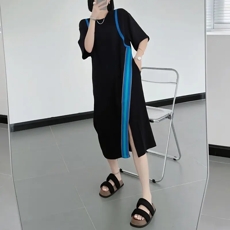 

Женское свободное платье с коротким рукавом, повседневное длинное платье составного кроя с круглым вырезом и разрезом, U28, лето 2023