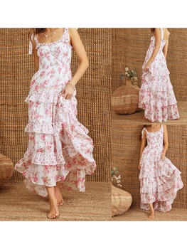 Elegant Sleeveless Floral Print Maxi Dress with Tiered Ruffle Detail and Adjustable Tie-Shoulder Straps for Women 2