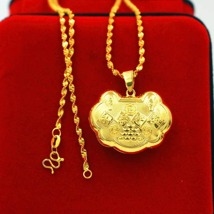 Real 24K Gold Color Longevity Lock Pendant Lock Necklace for Men Baby Pure  999 Color Necklaces Chain Wedding Fine Jewelry Gift