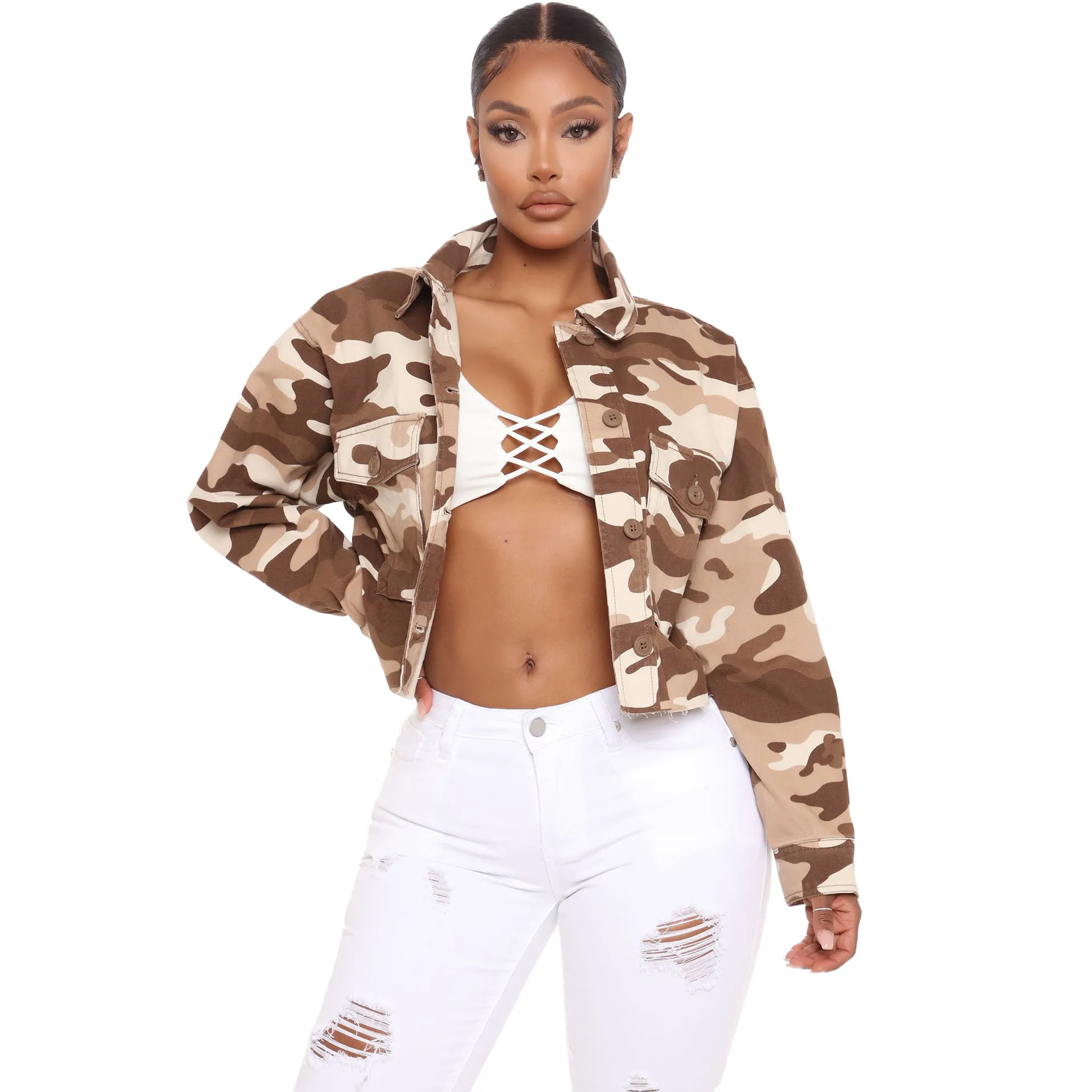 

Camouflage Crop Jacket for Women, Long Sleeve Denim Coat for Ladies, Casual Summer Coat