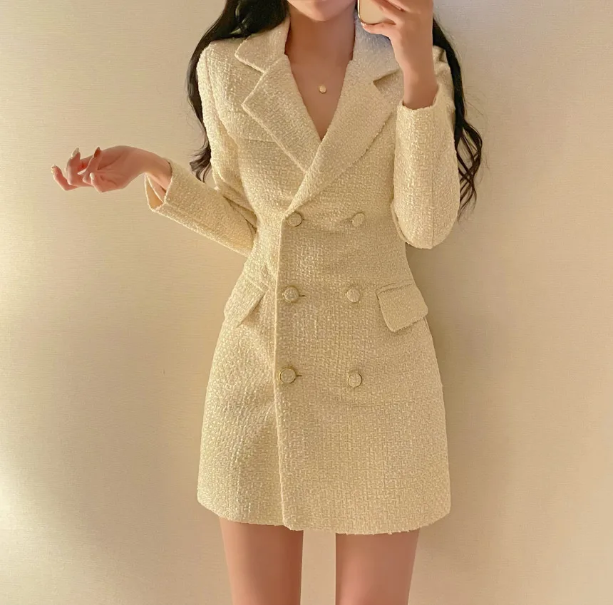 Autumn Winter Elegant Tweed Blazer Dress Double Breasted Slim Short Dresses for Women Korean Fashion Office Lady Coat Dress New