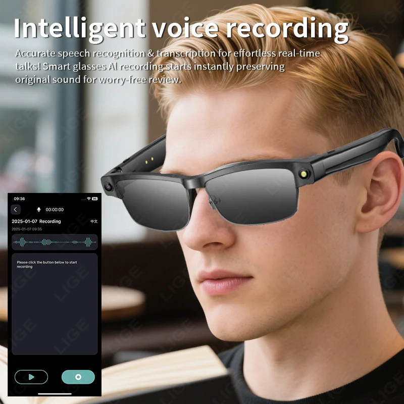 LIGE AI Smart Glasses Chat Voice Assistant Control 270mAh Battery 800W HD Camera 1200P Video Shoot Bluetooth Call Sunglasses New