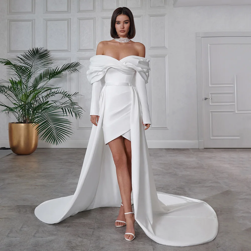 

Elegant Off-shoulder Detachable Wedding Dresses Sheath Long Sleeves Mini Bridal Gown Two Pieces Civil Bride Dress Robe de Mariee