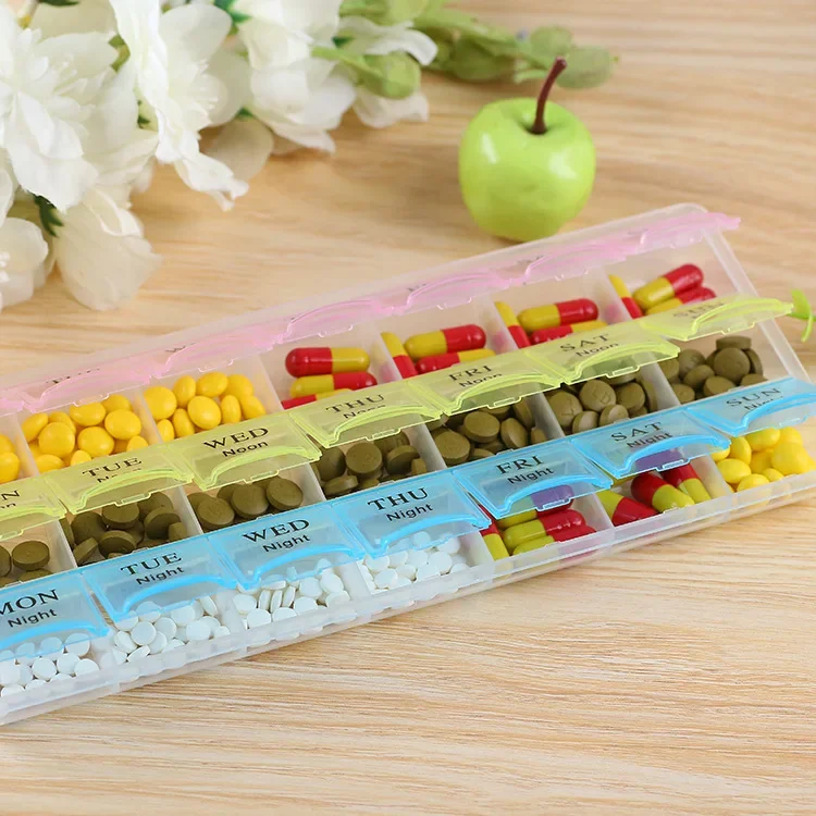 Weekly Pill Organizer and Storage Box with 2-3 Rows and Multiple Compartments