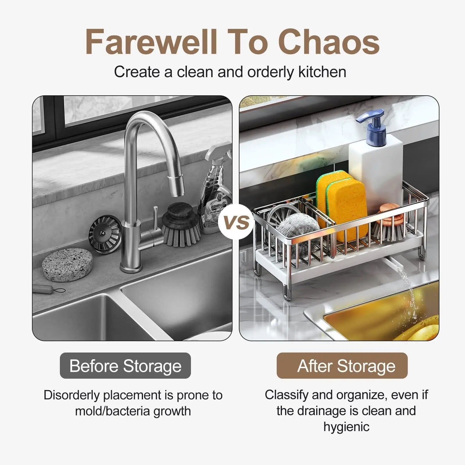 Kitchen Sink Caddy Organiser With Auto Drain Tray Sponge Storage Brush Holder: 3 - 5 Days Free Delivery Only UK