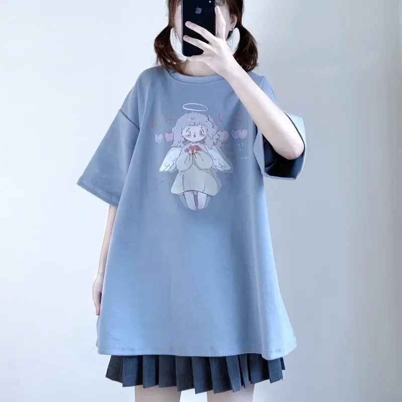 MINGLIUSILI Kawaii Angel Print T Shirt Women 2022 Korean Fashion Tee Shirt Femme Short Sleeve Cute Casual Loose Black Tops custom t shirts