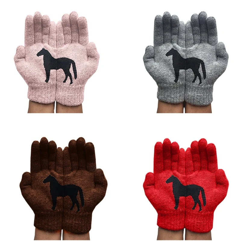 

Зимние теплые женские однотонные вязаные перчатки длиной до запястья, уличные велосипедные перчатки с милой лошадью, варежки с
